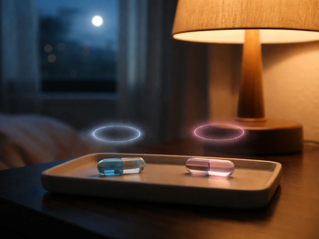 Nighttime bedside scene with two distinct colored capsules and soft light halos suggesting two different hormones.