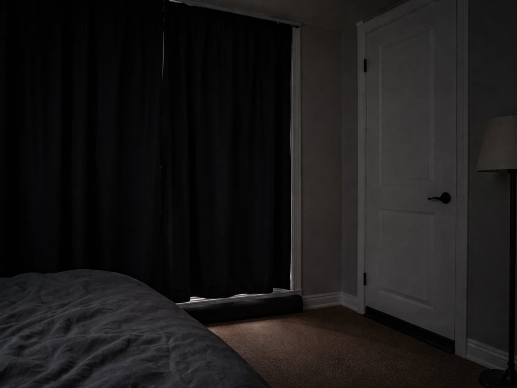 Dark bedroom with blackout curtains closed and sealed gaps to block light sources.