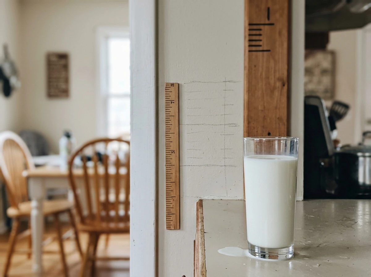 Milk on a kitchen counter with a wall measuring tape to show growth limits