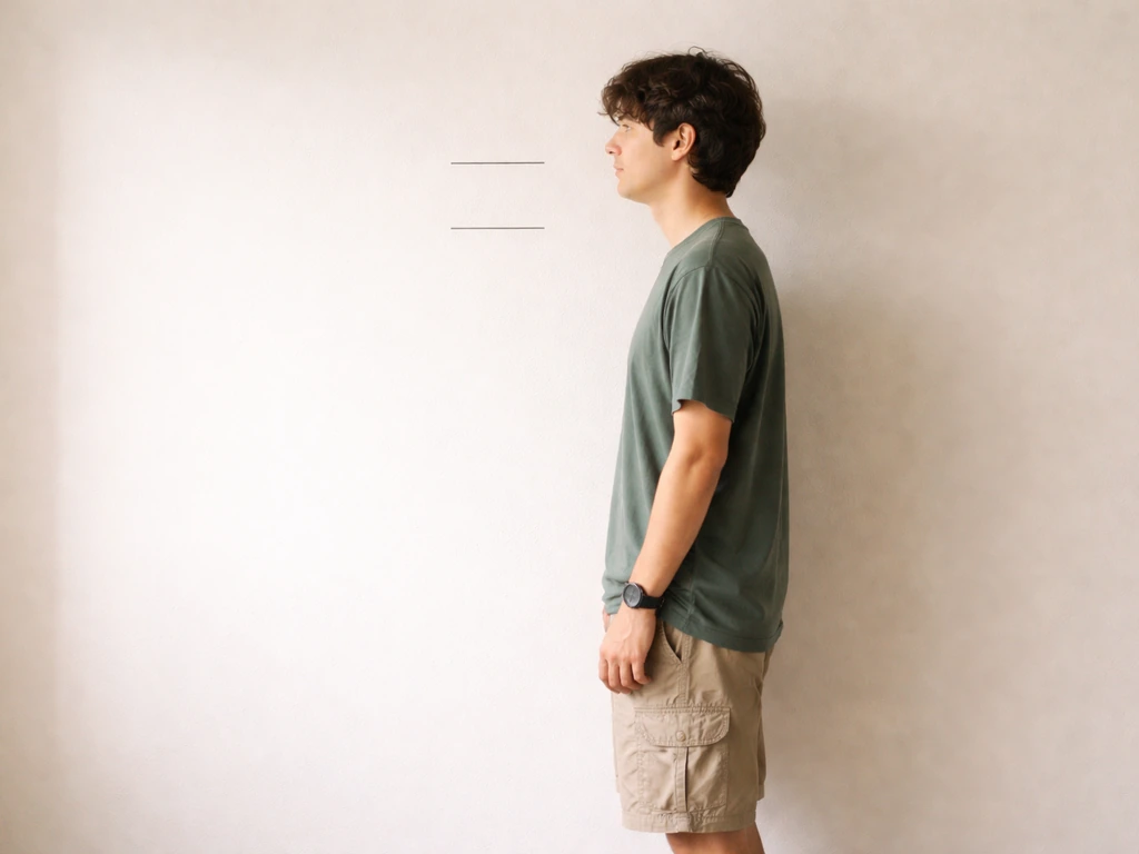 Anonymous person standing by a wall with subtle height comparison markers, smoke-free background.