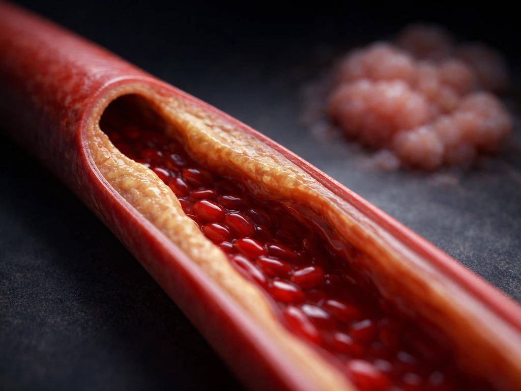 Close-up of a narrowed blood vessel with reduced red blood flow, suggesting less oxygen to nearby tissue.