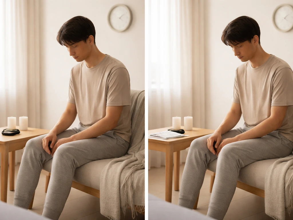 Minimal photo of a person sitting in a calm room with a small wrist device showing recovery over time