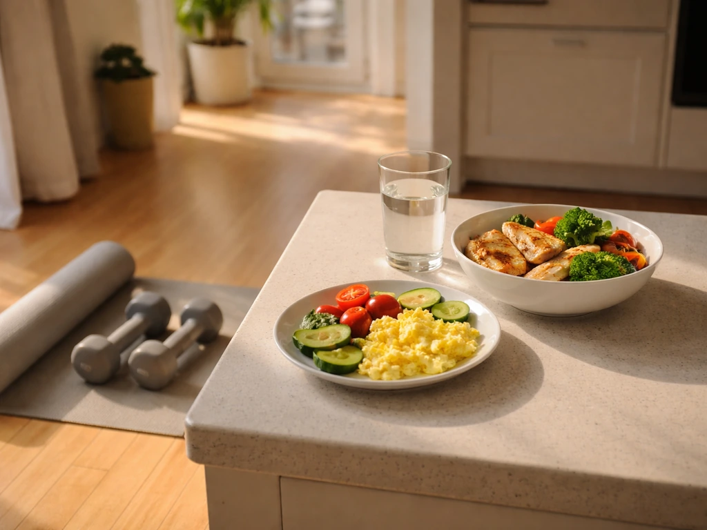 Morning kitchen meal of lean protein with water, next to dumbbells and a folded yoga mat for exercise.