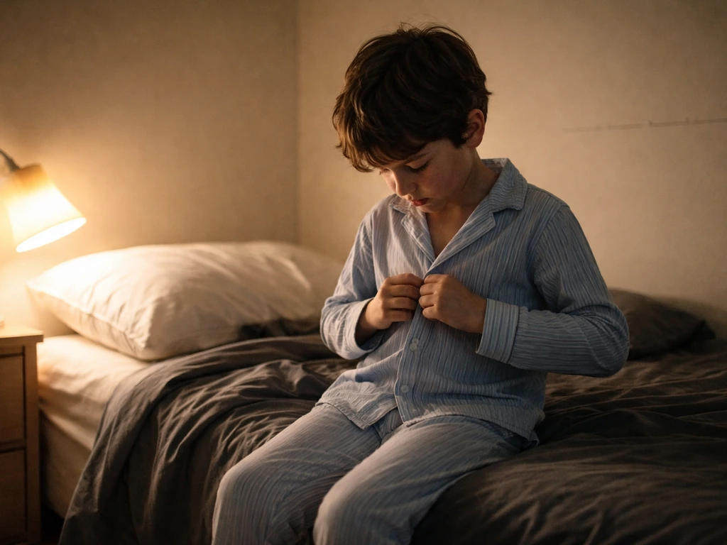 Child at bedtime in a softly lit bedroom, with a faint height-measure line in the blurred background.