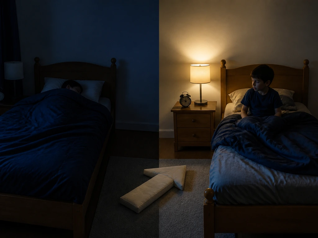 Two simple bedroom scenes showing adequate versus short sleep and an implied growth impact arrow.