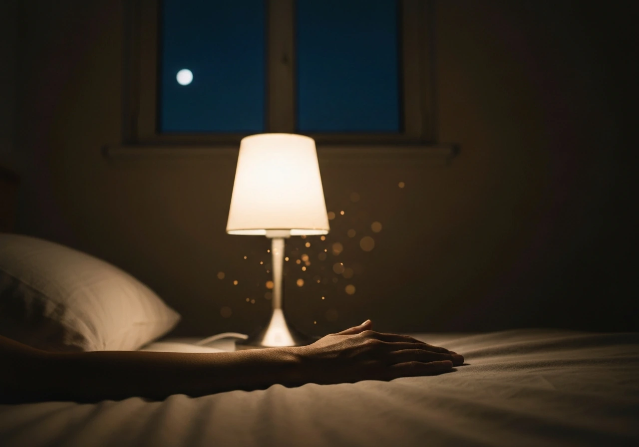 Night bedroom scene with a hand resting on bed, warm low lamp glow suggesting nighttime recovery.