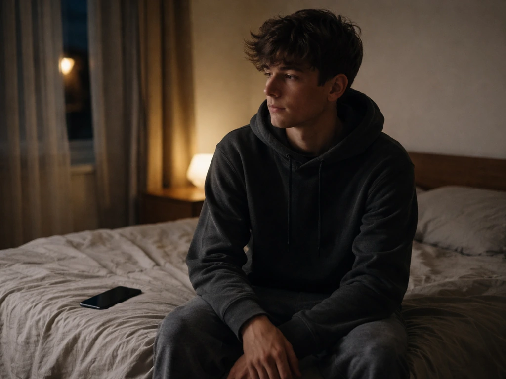 Teen in a dim bedroom at night, phone face down on a bed, streetlight glow, no visible text