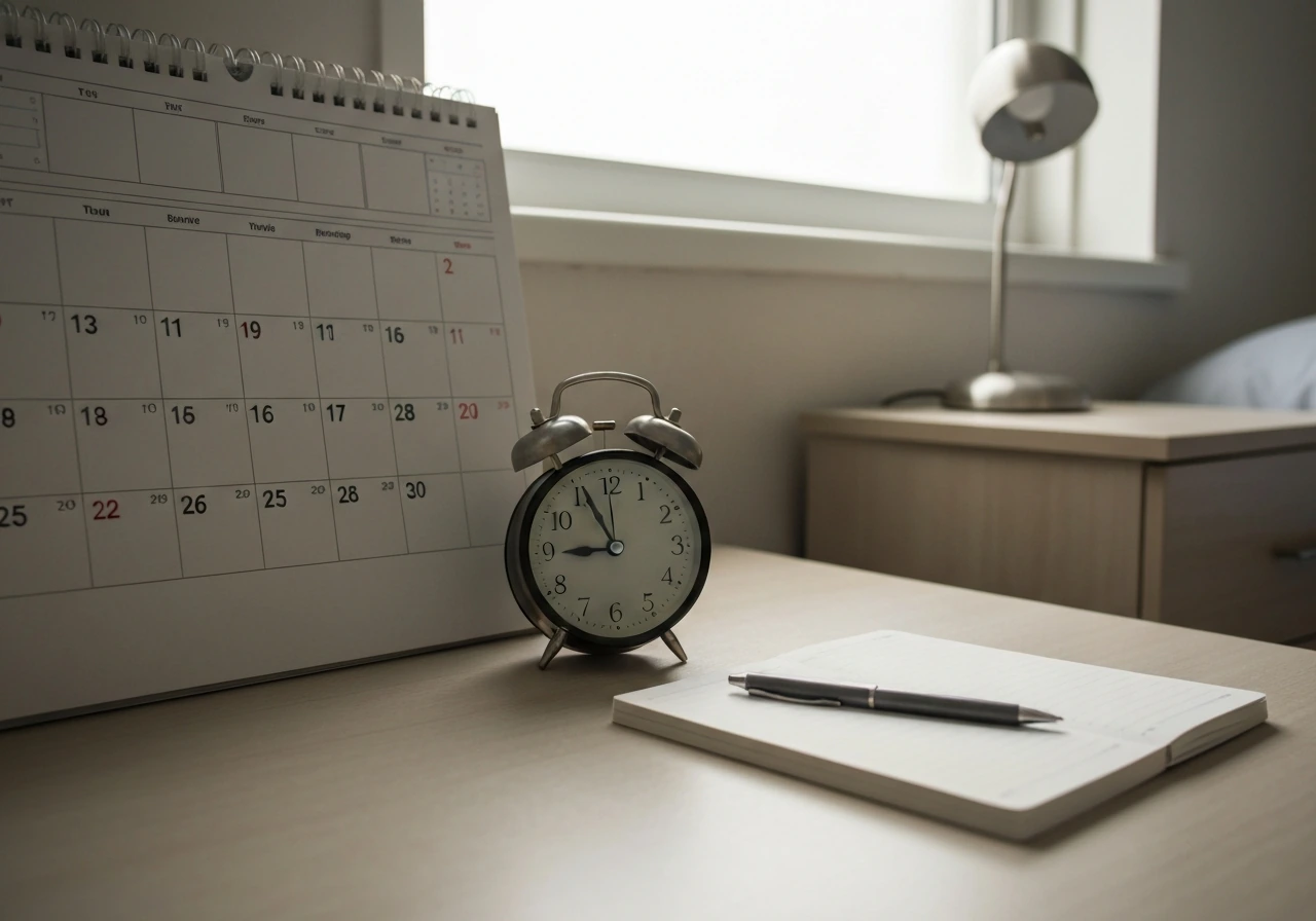 Analog alarm clock and blank calendar on a bedside desk, suggesting consistent wake time planning