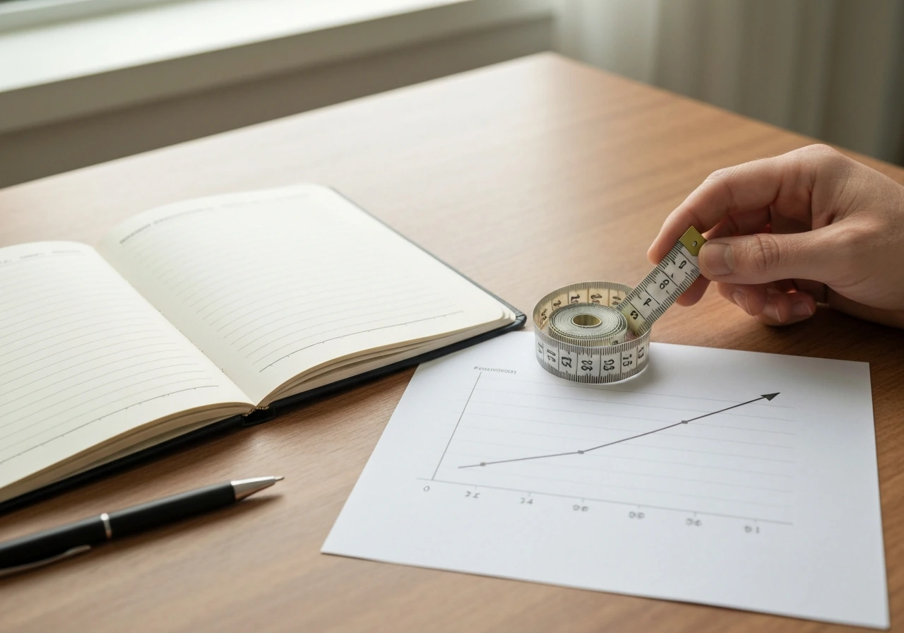 Blank appointment notebook, measuring tape, and an unlabeled growth chart trend line on a desk.