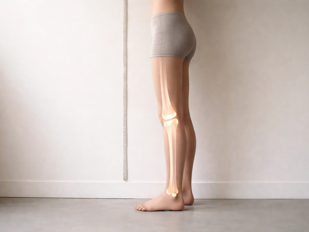 Anonymous lower-body side view at a wall height mark with subtle growth-plate visualization and tape measure.