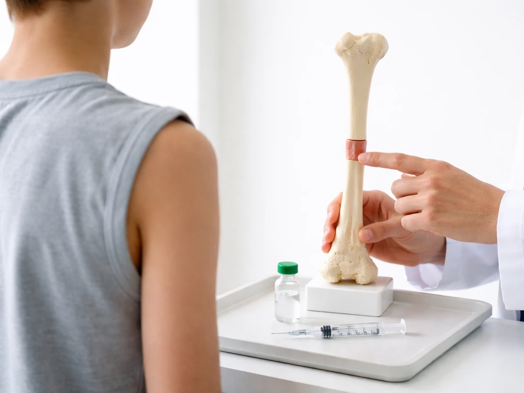 Adolescent in a clinic as a clinician points to an open growth-plate bone model beside an unlabeled syringe