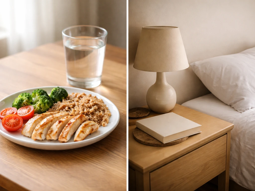 Balanced protein-and-grain meal on a table paired with a tidy bedroom nightstand for sleep routine.