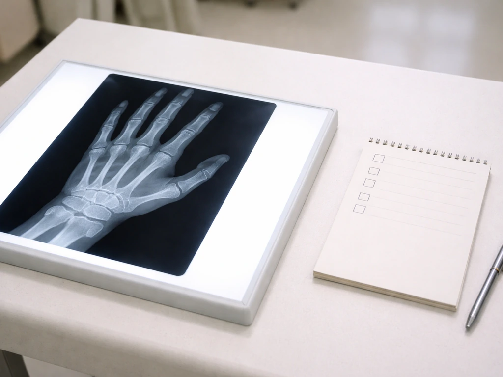 Left hand/wrist bone age X-ray in a clinical lightbox beside an empty checklist notepad.