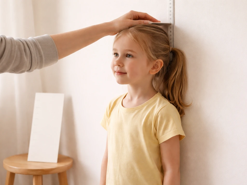 Parent measuring a young girl’s height against a wall with a tape, calm and reassuring tracking.