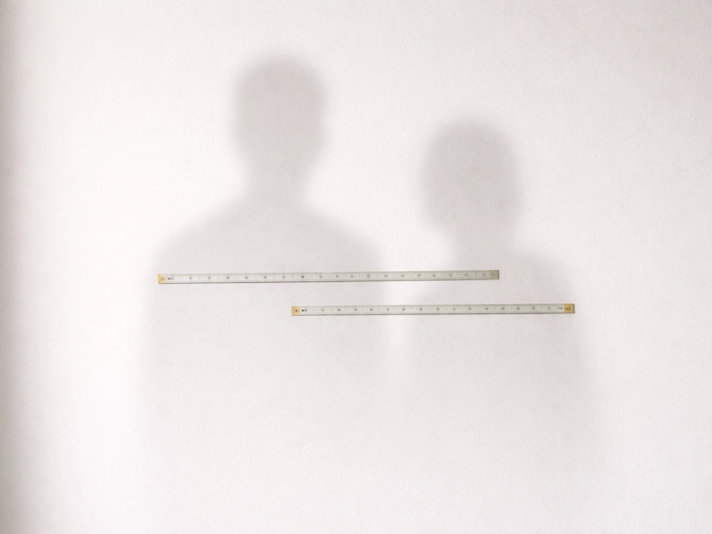 Measuring tape on a wall with two faint height reference silhouettes suggesting genetics’ role in adult height
