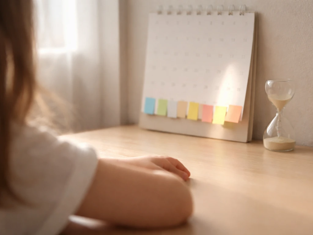 Hand on desk beside a calendar and hourglass, with highlighted tab suggesting fastest-growth timing window.