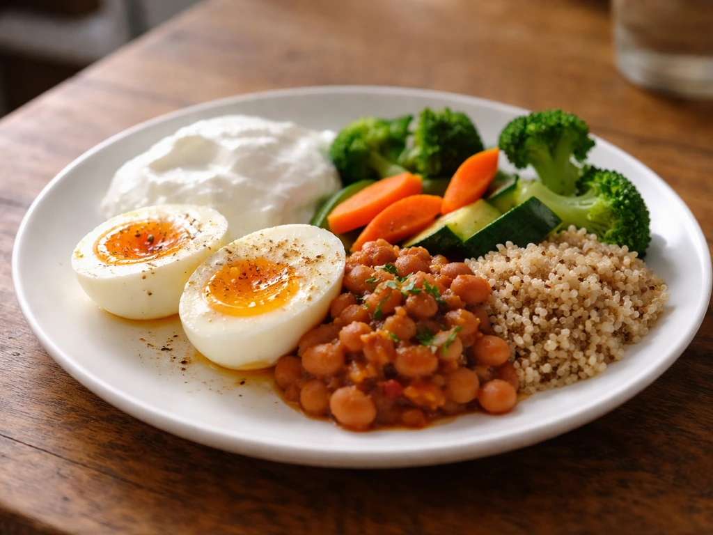 Close-up of a balanced meal plate with protein, vegetables, and grains on a simple table