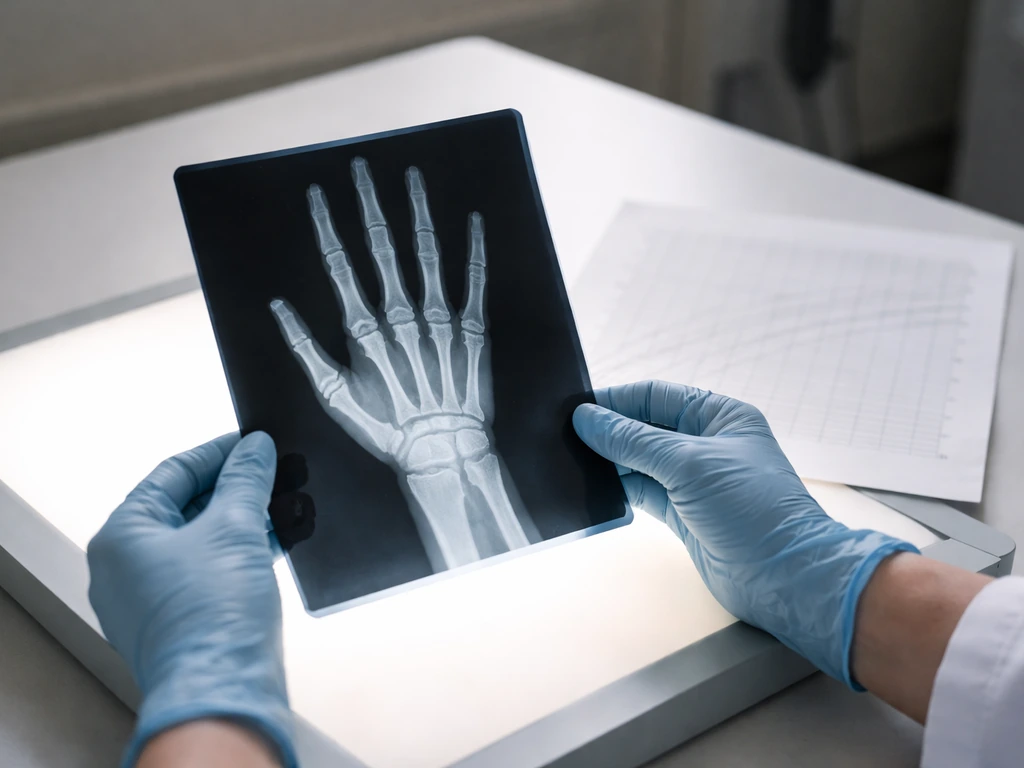 Left-hand and wrist bone-age X-ray on a lightbox beside a blurred growth-chart page.