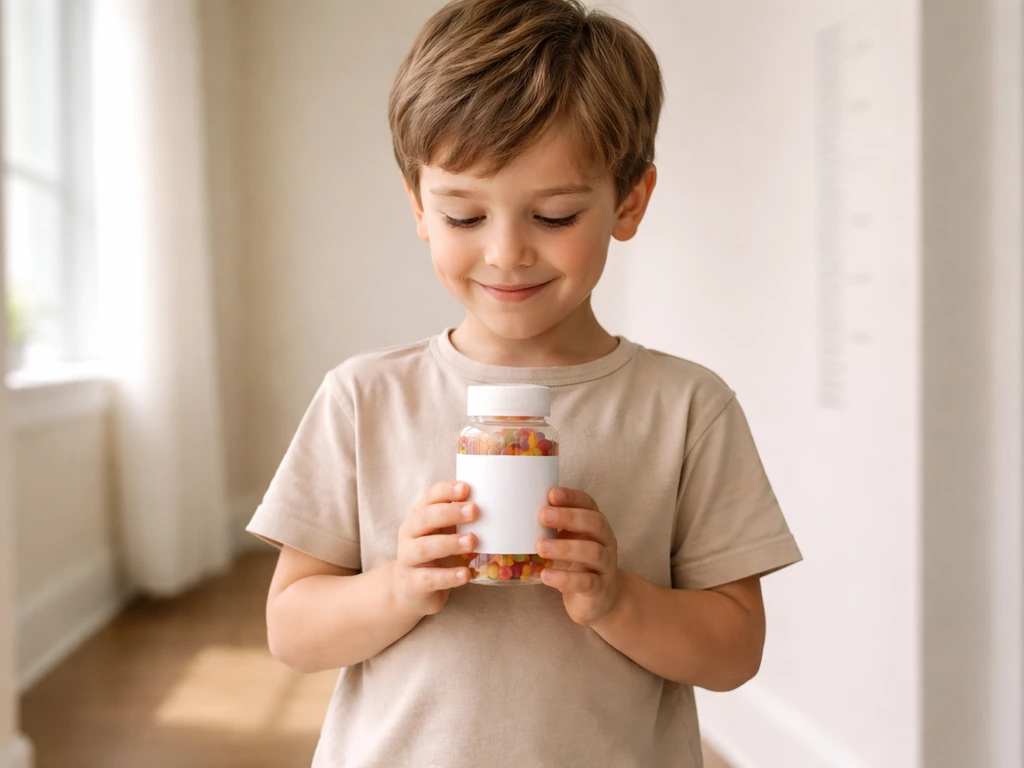 Child holding a colorful chewable vitamin bottle, with a simple height-measuring wall in the background.