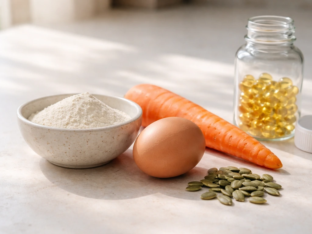 Minimal close-up of calcium powder, egg, carrot, pumpkin seeds, and vitamin D capsules on a countertop.