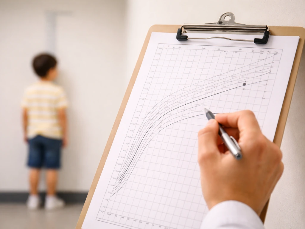 Clinician’s hand marking a pediatric growth chart while plotting height percentile points