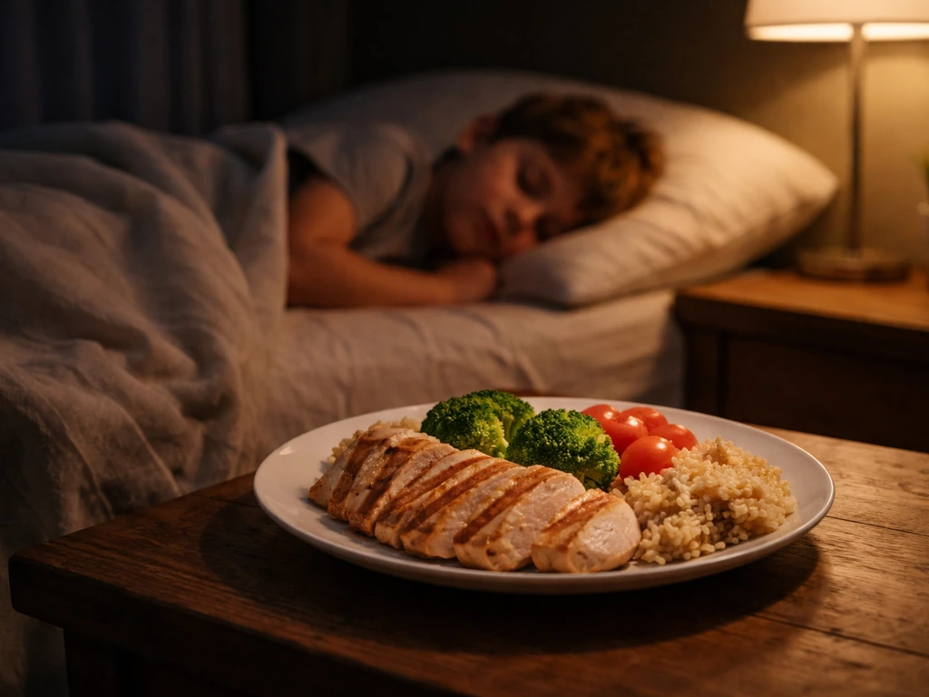 Child sleeping peacefully in a dark quiet room while a plate with protein-rich food sits nearby