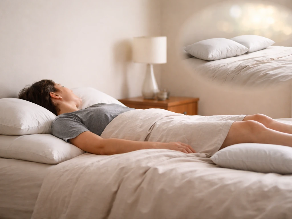 Person lying in bed with supportive pillows, calm posture, subtle inset hint about height growth.