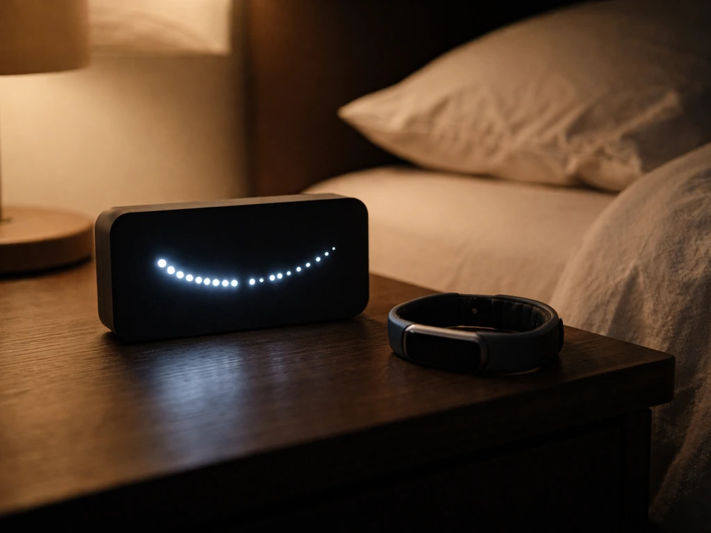 Bedside clock with a glowing sleep-window display and a wearable tracker resting on the nightstand.