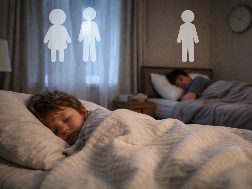 Children’s and teen’s nighttime sleep in a quiet bedroom with moonlight and simple age-range visual overlay.