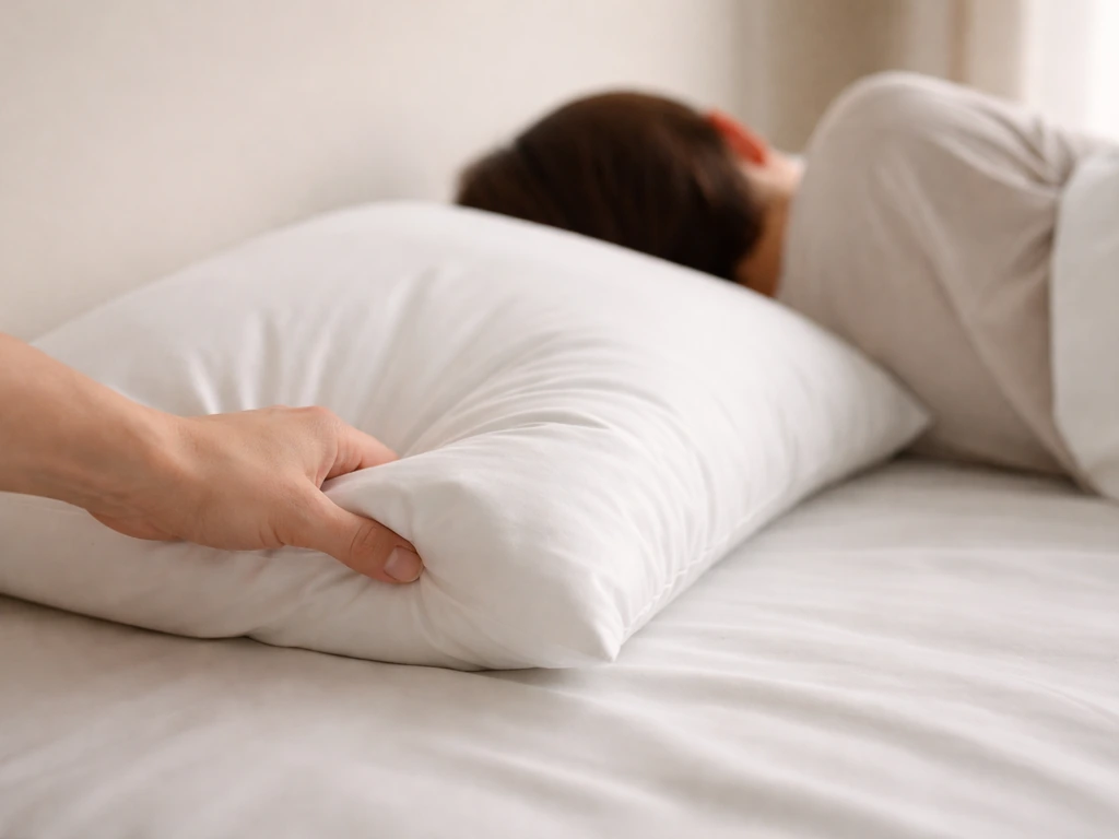 Hand adjusting a simple pillow height while someone lies on their side with neutral neck alignment.