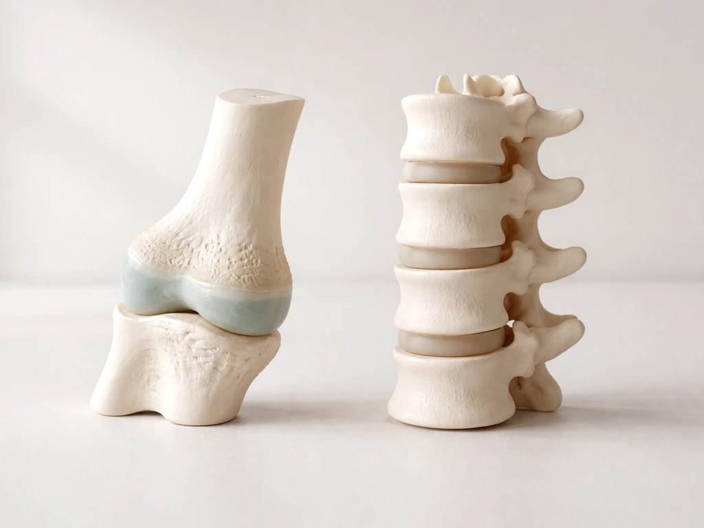 Close-up of a simplified, realistic spine and stacked discs model with growth-plate focus on a neutral background.