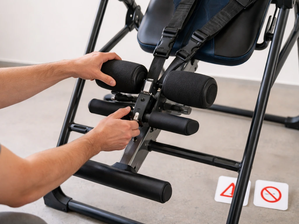 Person adjusting an inversion table harness with leg locks aligned, beside caution-style warning placards.