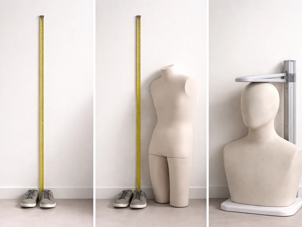 Minimal photo showing true height, posture, and stadiometer-style measurement comparisons with mannequins and tape.