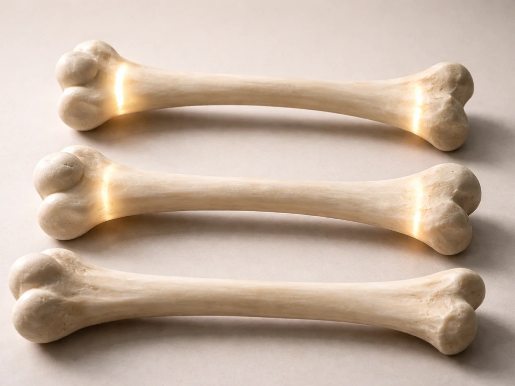 Realistic close-up of a long bone model with glowing growth plates, showing maturation over time