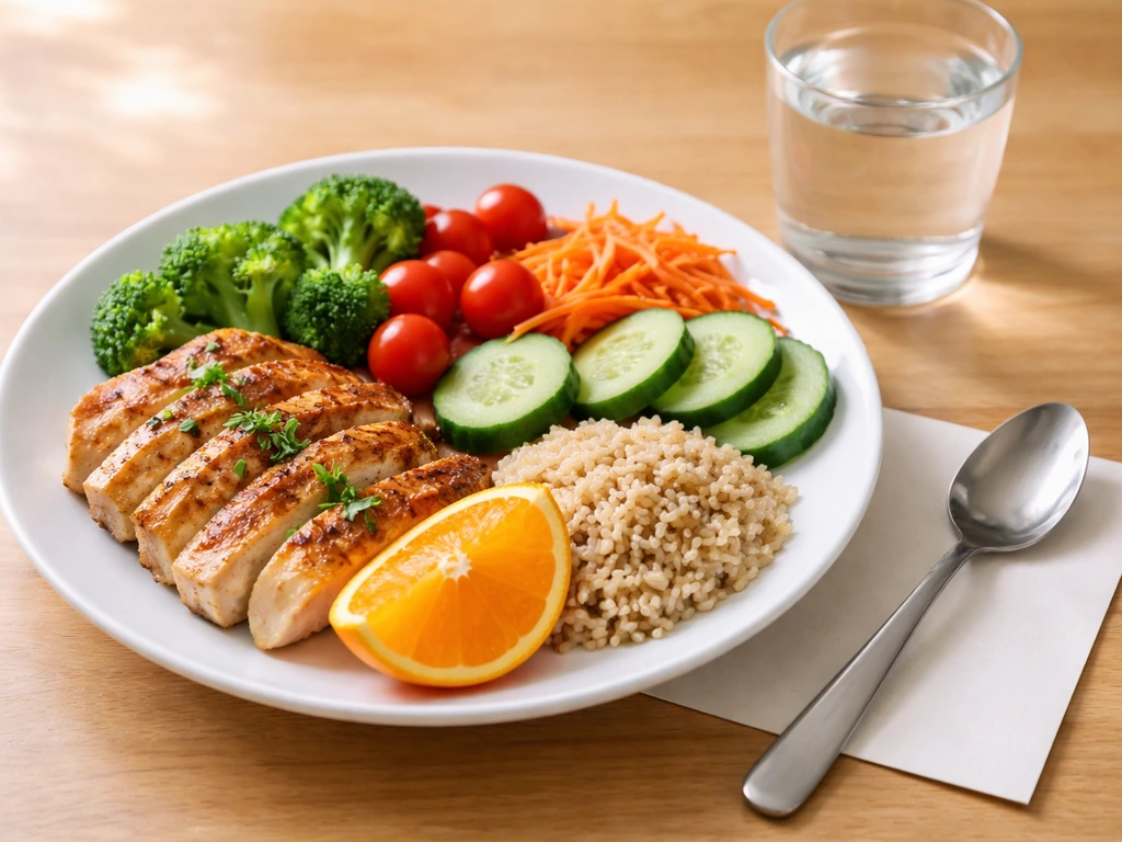 Close-up of a balanced plate with colorful foods and a small glass of water on a wooden table.