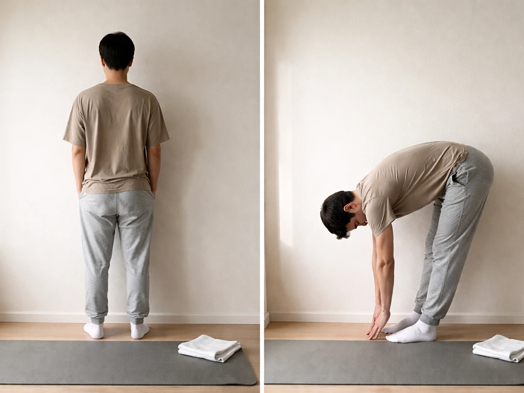 Anonymous person performing a gentle hamstring stretch in a quiet room with natural light.