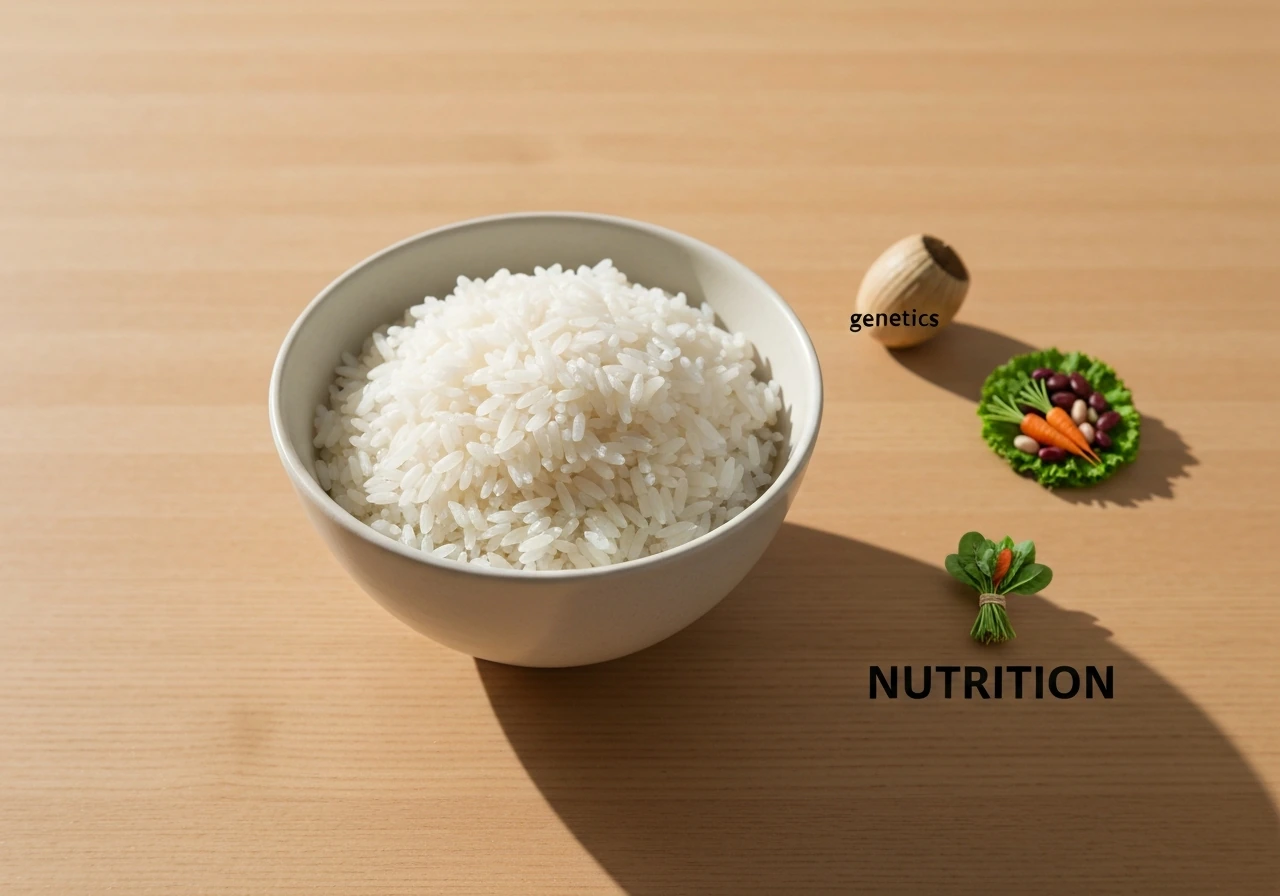 A simple rice bowl beside split nutrition vs genetics-themed icons, showing rice alone won’t make you taller