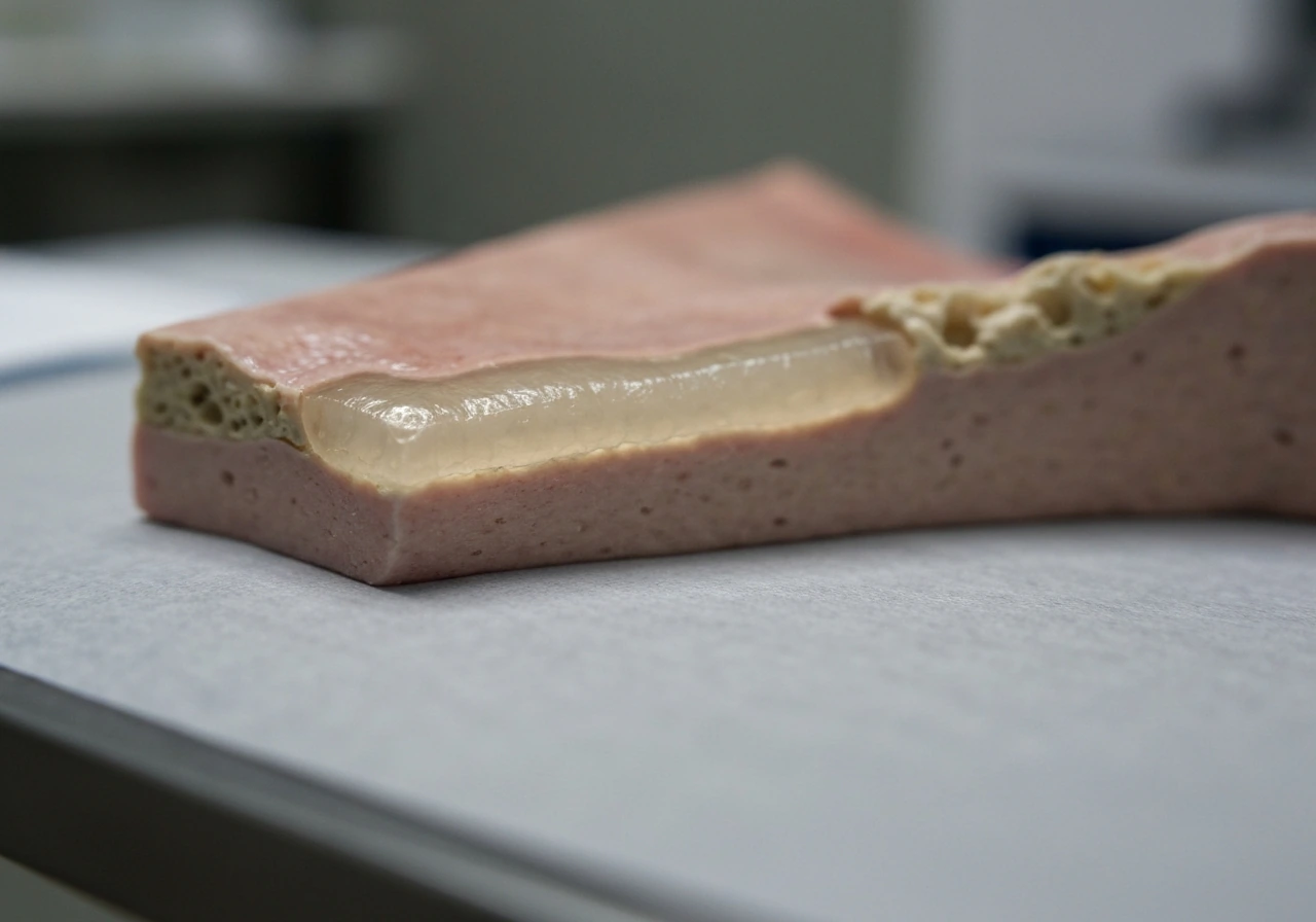Close-up medical-style view of a growth plate cross-section, cartilage and bone layers in sharp focus