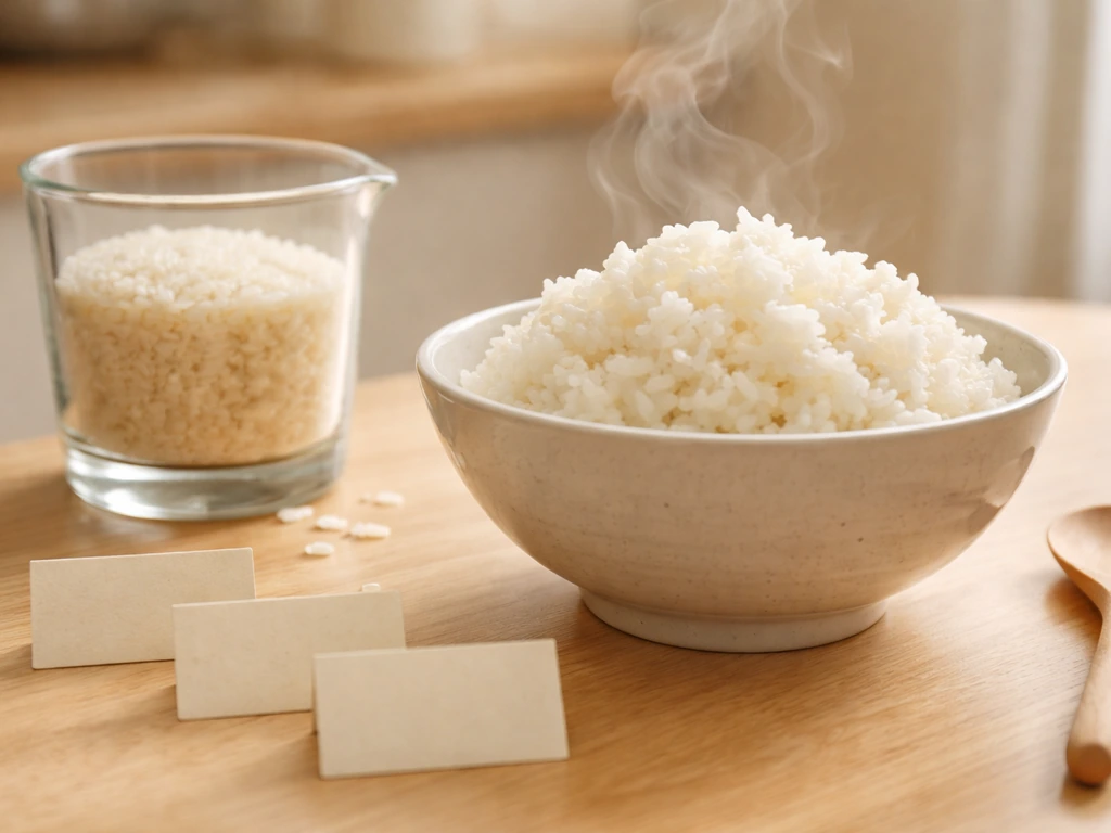 Close-up of cooked white rice portion with grains and steam beside a measuring cup, suggesting carbohydrates.
