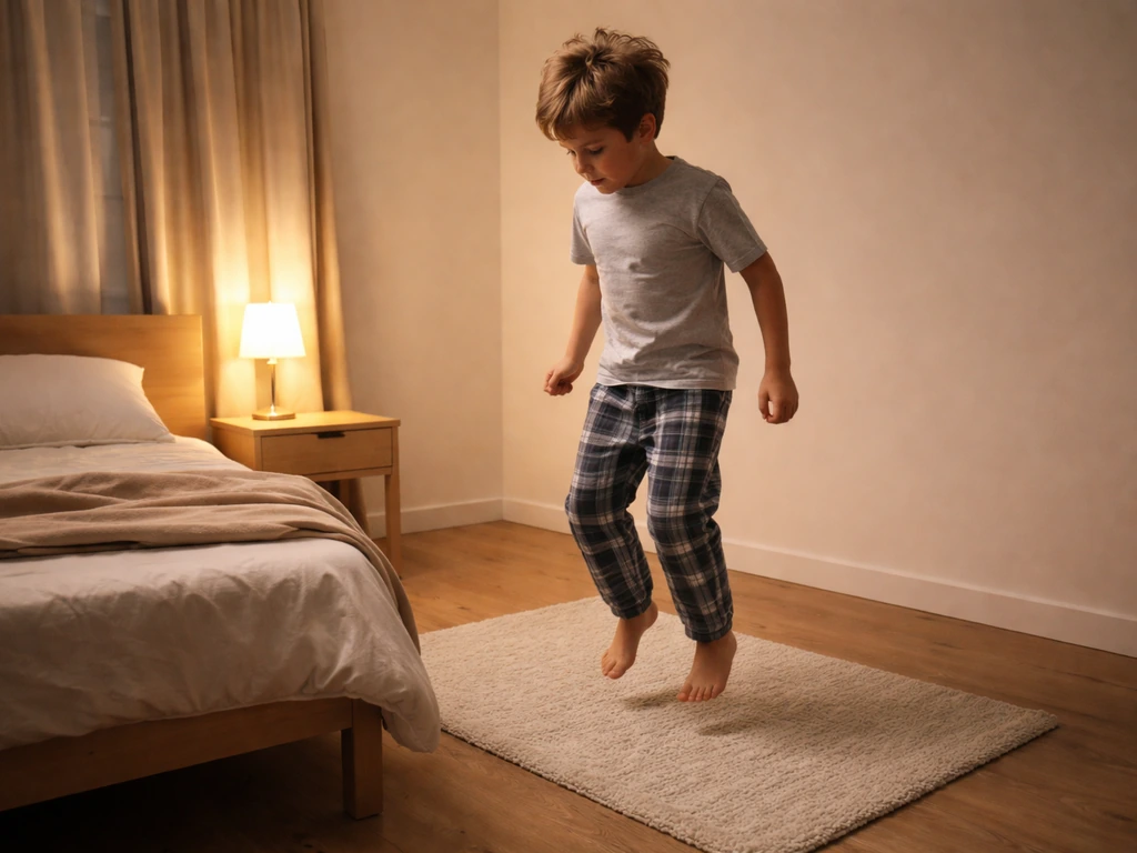 Child doing a few jumping steps then heading to bed in a dim, calm nighttime routine