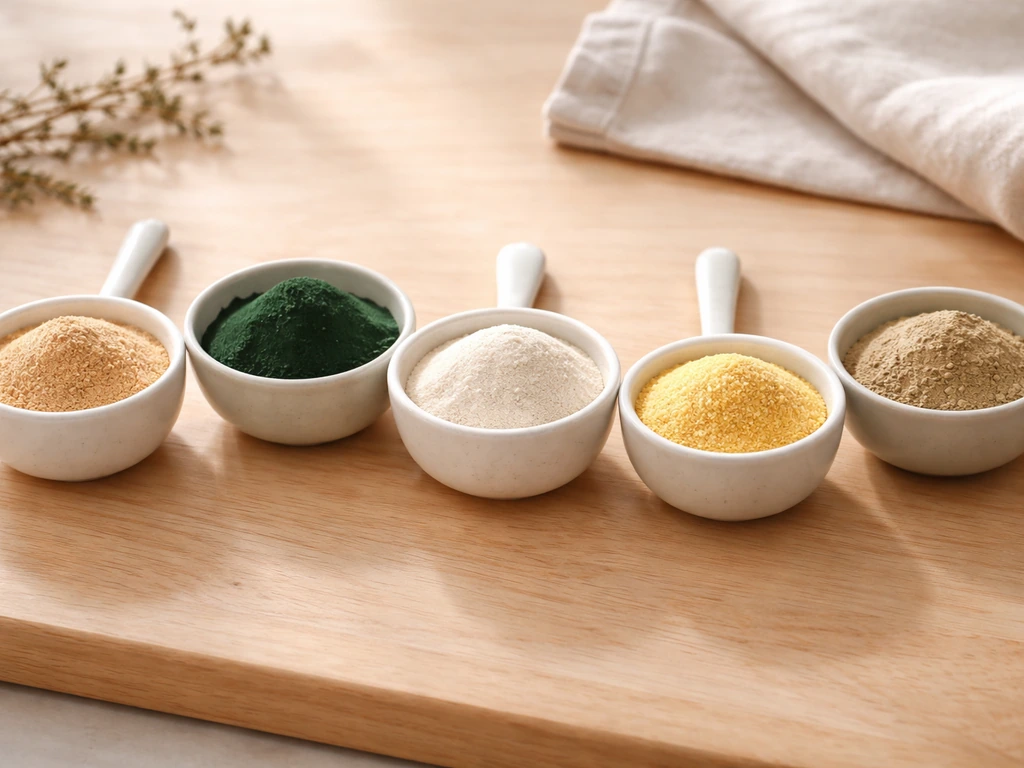Neatly arranged natural supplement ingredients in small bowls with a calm countertop background.