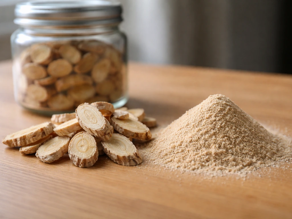 Close-up of dried astragalus root pieces and fine powder in a simple glass jar on a wooden surface.