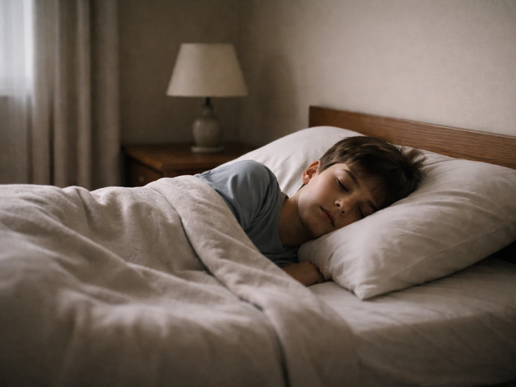 Child sleeping in a tidy bedroom with natural window light, emphasizing restful sleep