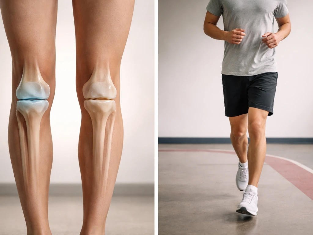 Minimal split-screen photo: leg anatomy with open vs fused growth plates, and mild cardio motion in background.