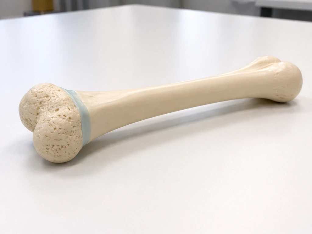 Photo of a long-bone model on a lab table with the growth plate area highlighted.