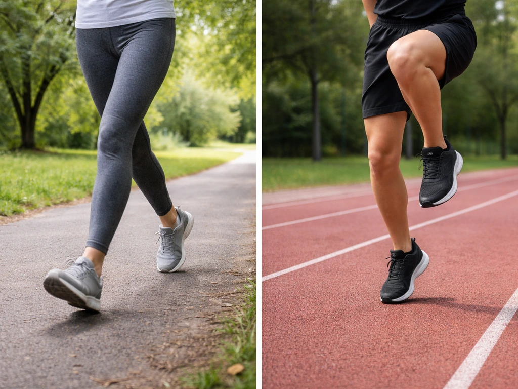 Split scene of anonymous lower-body walking briskly vs mid-jump landing on a track, contrasting cardio intensity.