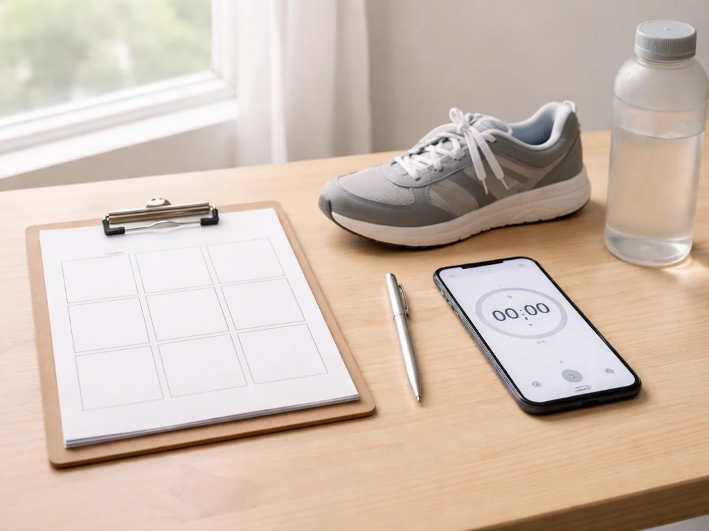 Minimal desk scene with a blank weekly planner, pen, water bottle, and running shoe in natural light.