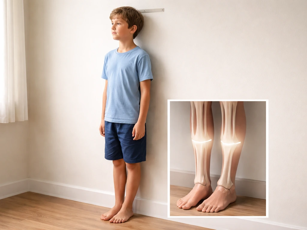 Child standing beside a height measure background, with subtle bones-and-growth overlay suggesting healthy growth suppor