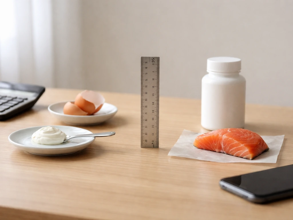 Sunlit desk with a calculator, vitamin supplement bottle, and scattered meal ingredients beside a ruler