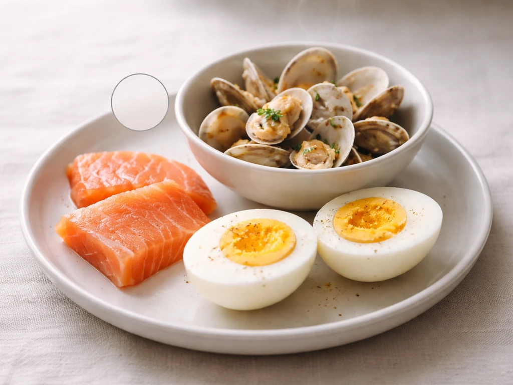 Minimal platter of clams, salmon, and boiled eggs under natural light with a blank callout circle.
